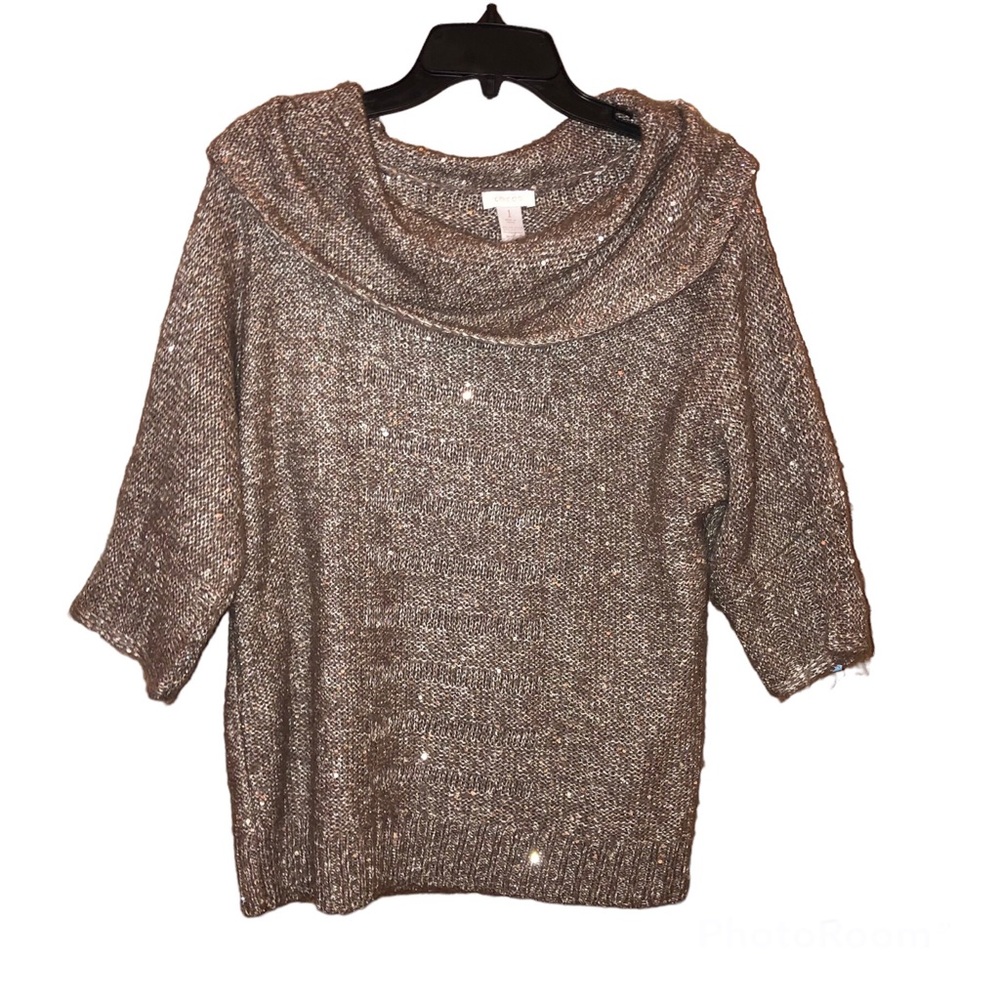 Chico's Metallic Taupe Cowl Neck Short-Sleeve Sweater